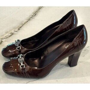 ANNE KLEIN iflex AKPFENNIING BROWN PATENT LEATHER BLOCK HEEL SZ 8.5M